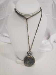 Quartz Bronze Pocket Watch, Indian Chief Design, Alloy Case, White Dial, 1.75" Diameter, Chain