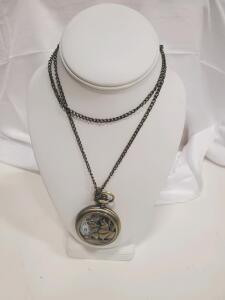 Vintage Style Brass Tone Pocket Watch Necklace with Wolf Design, Quartz Analog, 1.8 in Case