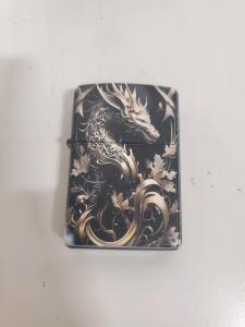 Black Metal Windproof Lighter with Embossed Gold Dragon Design, Flip-Top, Standard Size