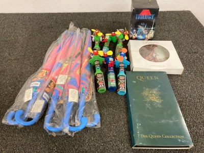 Pocahontas Umbrella, M&M Candy Fan, VHS Star Wars Trilogy, And Other Items