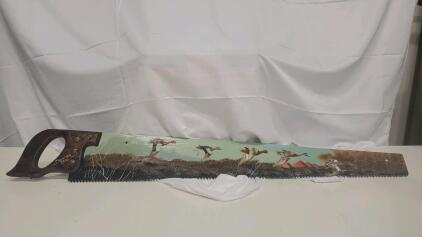 Antique 36" Hand Saw with Hand-Painted Cinnamon Teal Duck Marsh Scene on Blade, Wood Handle