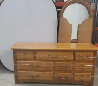 9-Drawer Wood Dresser with Detachable Arched Mirror, Oak Finish, Approx. 60"x18"x32"