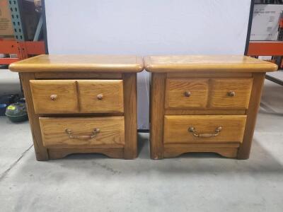 Pair of Light Oak 2-Drawer Nightstands, Solid Wood, Brass/Wood Handles, 24"x16"x24" (Est.)