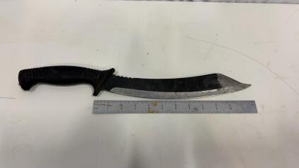 Schrade SCHMACH1 Fixed-Blade Survival Knife, 8" Blade, Sawback Spine, TPE Handle, Black