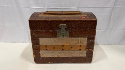 Antique Dome-Top Steamer Trunk, Wood with Metal Rivets and Dual-Compartment Interior, c. 1890&ndash;1920