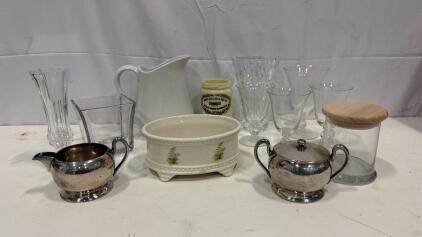 (8) Assorted Vintage Crystal Glass (1) Vintage Silver-On-Copper Sugar And Cream Set & More