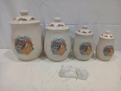 Tienshan Stoneware Canister Set, Kittens in a Basket, 4 Pieces, Made in China