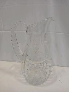 Vintage Crystal Glass Pitcher with Floral Etching, 10-inch Height