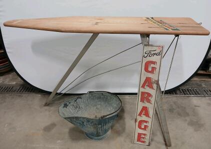 (1) Vintage Galvanized Metal Coal Scuttle/Bucket with Metal Handle (1) Vintage Wooden Ironing Board