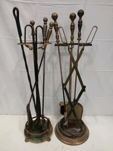 Vintage Brass & Iron Fireplace Tool Set, 7 Tools with 2 Stands