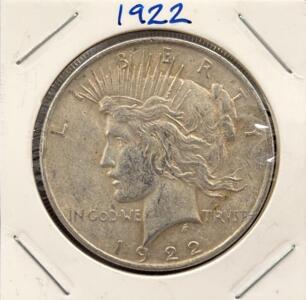 1922 Peace Silver Dollar, No Mint Mark, 0.7734 Troy oz Silver, Philadelphia Issue, Circulated