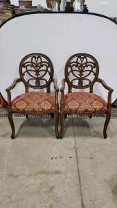 Pair of Antique-Style Armchairs, Carved Backrest, Red and Gold Upholstery