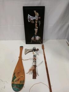 Decorative Tomahawk with Wolf & Native American Design, Feather Accents