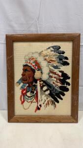 Vintage Retro Cross Stitch of Native American Indian Chief 13&rdquo;x16&rdquo;