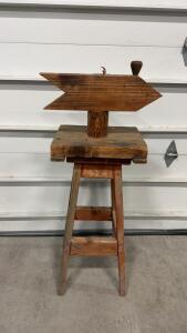 Rustic Handmade Wood Stool with Weathered Finish and Removable Wooden Directional Arrow Decor