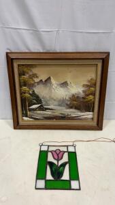 Framed Loy Eaton Mountain Landscape Oil Painting & Stained Glass Tulip Panel Set 24"x30" & 7"x9"