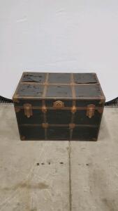 Antique Wooden Trunk, Early 20th Century, Black with Brown Metal Trims