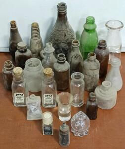 Assorted Vintage Glass Bottles & Decor
