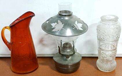 Vintage Oil Burning Lamp, Beam Whickey Glass Bottle & Amberina Glass Eagle Picher