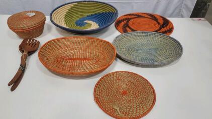 Handwoven Multi-Color Basket Set with Wooden Salad Servers