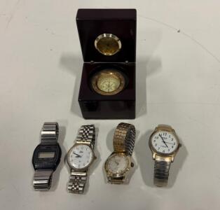 (4) Vintage Wrist Watches & Vintage Easton ERM Executive Desk Clock And Compass Hinged Box
