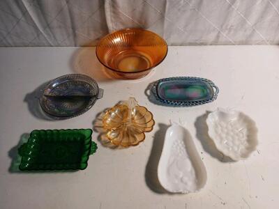 (4) Carnival Glass Dishes (2) Milk Glass Dishes (1) Green Glass Dish