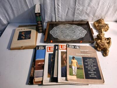 (6) President Kennedy Magazines (1) Vintage Glass Table Tray (2) Golden Angel Wall Art