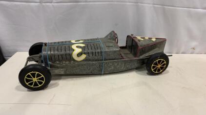 Vintage Filipino Handmade Tin Race Car, #3, Galvanized Metal, 1960s-80s, 16" Display Model
