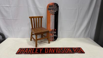 Harley-Davidson Authorized Service Metal Thermometer & Sign, Vintage Child&rsquo;s Slat-Back Wooden Chair