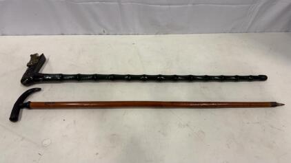 Vintage Walking Sticks Set: Frog Carved Handle Cane & 1903 Engraved Alpenstock, Wood, Metal Tip