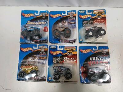 (6) Vintage Hot Wheels Monster Jam Collectables Including Goldberg And Sudden Impact