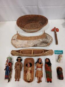 Native American Style Dolls Set with Canoe and Accessories, 11 Items