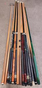 Lot of 16 Pool Cues and 1 Mechanical Bridge Stick &ndash; Various Brands, Designs, and Lengths