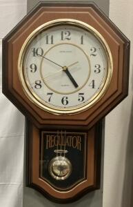 Heirloom Quartz Regulator Wall Clock, Wood Case, Pendulum, 23" x 13.5", Analog, PCTB0WALM
