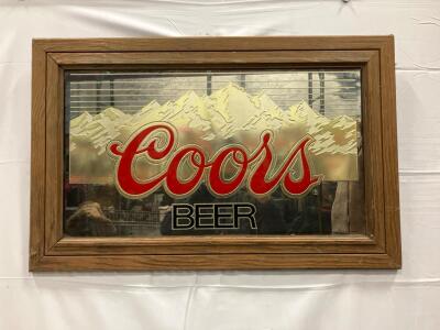 Coors Beer Framed Mirror Sign, Mountain Scene, 32"x20", Wood Frame, Vintage Bar Decor