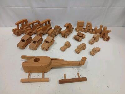 (17) Small Wooden Cars Figurines (1) Wooden Helicopter