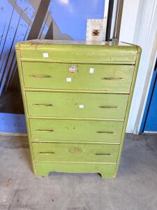 Vintage Green Wooden Chest of Drawers, 5 Drawers, Metal Handles