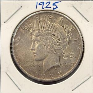 1925 Peace Silver Dollar, Philadelphia Mint, 90% Silver, Circulated, $1, Anthony de Francisci Design