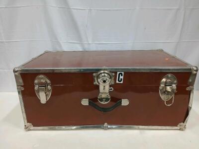 Brown Metal-Reinforced Footlocker Trunk, 32"x17"x13", Lockable, Lined Interior