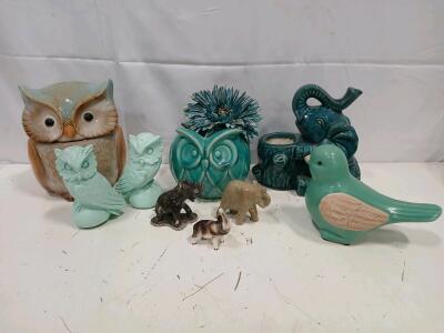 Ceramic and Stone Animal Figurines Set, 11 Pieces, Includes Owl & Elephant