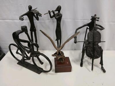 Metal Sculptures Set: Violinist, Flautist, Cellist, Cyclist, Eagle, Artist Marked