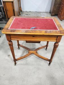 Antique Sewing Table with Thread Spools, Red Felt Top, Wooden Construction