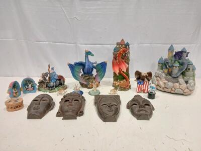 Decorative Dragon Figurines with Castle Motifs, Multi-Colored, Resin