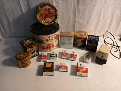 (1) Vintage Boston Electric Pencil Sharpener Model 19 & (15) Vintage Spice Tins And Tin Jars