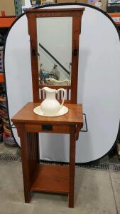 Hall Tree with Mirror, Wood, Brown, Includes Ceramic Pitcher
