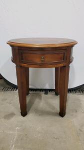 Round Wooden Side Table with Drawer and Decorative Inlay