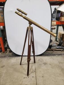 Vintage Brass Refractor Telescope with Wooden Tripod, Altazimuth Mount