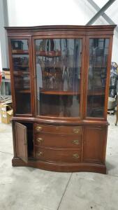 Antique Bowfront China Cabinet, Wood, 3 Shelves, 5 Doors, Brass Handles
