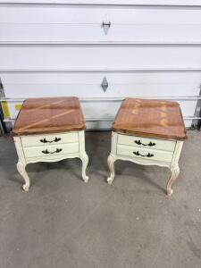 Bassett French Provincial End Tables, Cream with Wood Top, 2 Drawers