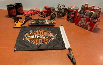 Harley-Davidson Collectibles Lot: Die-Cast Vehicles, Flag, Bottle Opener & 1999 Coke Santa Pack